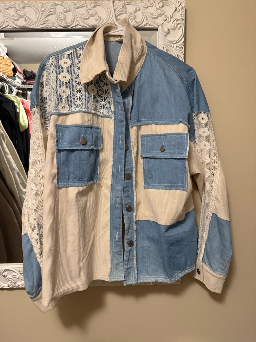 Dry Goods Cream and Light Blue Patchwork Jean Jacket with Lace
